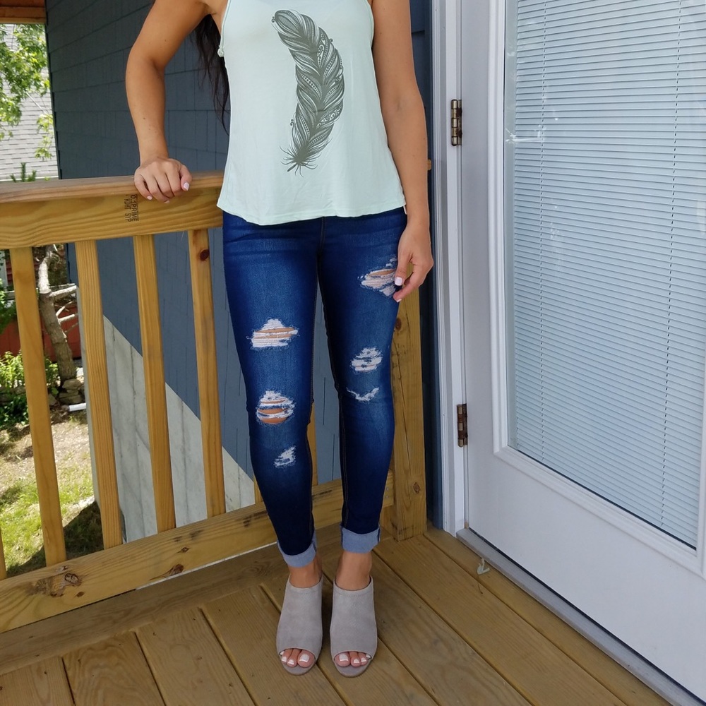 LAST PAIR✔️Dark Distressed pull on jeans - Picture 5 of 6